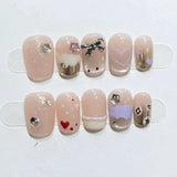 10Pcs Handmade Press On Nails Full Cover Cat Eye Bow Tie Heart Pearl Shiny Short Ballet False Nails Wearable Manicure Nail Tips