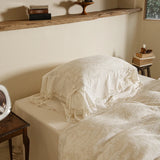 Cotton and Linen Vintage Hollow Lace Edge Bedding Set Queen King Size Duvet Cover Set Flat/Fitted Bed Sheet Pillowcases 4Pcs