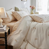 Flowers Embroidery Pleated Wide Edge Bedding Set Lyocell Soft Silky Cooling Duvet Cover Flat/Fitted Bed Sheet Pillowcases 4Pcs