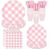 Cute Pink Checkered Party Supplies Napkin Food Grade Tableware Set DIY Thicken Disposable Tableware for 25 Guests