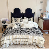 4Pcs French Vintage Princess Style Embroidered Chiffon Lace Ruffle Luxury Bedding Set Queen Size Quilt Cover 200X230