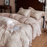 4Pcs Vintage French Flower Prints Lace Ruffles 100% Cotton Double Yarn Bedding Set Duvet Cover Flat/Fitted Bed Sheet Pillowcases
