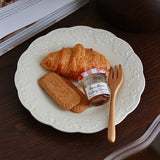 White Relief Dining Plate French Household Ceramic Round Plates Solid Color Dessert Flower Dish Simple Versatile Tableware