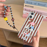 Korea Brown Stripe Texture Lovely Dog  Pattern Cover Case for iPhone 13 14 15 16 Pro Max Non-slip Anti fall Bracelet Phone Shell