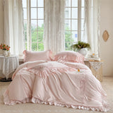 Pink Flowers Embroidery Ruffles Princess Wedding Bedding Set 1000TC Egyptian Cotton Duvet Cover Flat/Fitted Sheet Pillowcases
