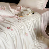 Rose Flowers Embroidery Bedding Set 800TC Lyocell Cotton Soft Silky Cool Feeling Duvet Cover Flat/Fitted Bed Sheet Pillowcases