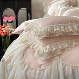 4Pcs Pink Chiffon Lace Princess Wedding Bedding Set Luxury 100% Cotton Duvet Cover Bed Sheet Or Quilted Bedspread Pillowcases
