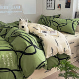 New Pure Cotton Bedding Set with Fitted Sheet Duvet Cover Pillowcase Simple Printed Grid Comfortable Bedclothes Single Double