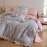 Double Layer Lace Ruffles 100% Cotton Princess Style Bedding Set Single Queen King Size Floral Duvet Cover Bed Sheet Pillowcases