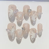 10Pcs Handmade Press on Nails Full Cover Cat Eye Sweet Butterfly Design Rhinestones False Nails French Almond Wearable Manicure