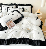 Rose Flowers Embroidery Ruffle Lace Bedding Set Washed Cotton Duvet Cover Set Skin Friendly Bed Sheet Pillowcases Princess Style