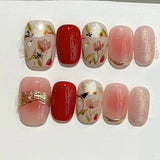 10Pcs Retro Handmade Press on Nails Glitter Cat Eye Flower Short False Nails French Artificial Ballet Wearable Manicure Tips Art