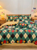 Ikeehome  Thiened Warm Flannel Bedding Set Pure Cotton Bear Pattern Autumn Winter Four-Piece Quilt Cover eet Tee-Piece Set