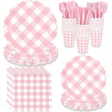 Cute Pink Checkered Party Supplies Napkin Food Grade Tableware Set DIY Thicken Disposable Tableware for 25 Guests
