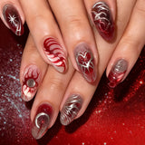 24pcs Sweet Flower False Nails Art Aurora Cat's Eye Mid-length Almond Press on Nails Tips Bow Design Pink Fake Nail Set Manicure