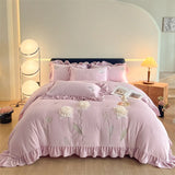 Flowers Embroidery Ruffles Thickened Soft Warm Velvet Bedding Set Queen King Size Plush Duvet Cover Set Bed Sheet Pillowcases