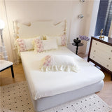 Flowers Lace Ruffles Princess Wedding Bedding Set Full Queen King Duvet Cover Bed Skirt/Bed Sheet/Fitted Sheet Pillowcases 4Pcs