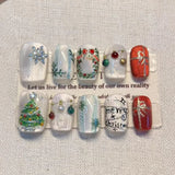 24pcs Christmas Square False Nails Gilded Lines White Short Ballet Press on Nails Tips Reusable Snowflake Pearl Design Fake Nail