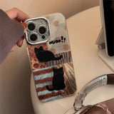 Korean Black Cat Leopard Splicing Phone Case For iPhone 11 12 13 14 15 16 Pro Max XS XR X 7 8 Plus Glitter Lens Protective Cover