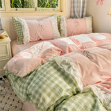 Korean Princess Style Double Layer Lace Flower Embroidery 100% Cotton Bedding Set Plaid Style Duvet Covers Bed Sheet Pillowcases