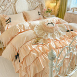 100% Cotton Korean Princess Style Three-layer Ruffles Bow Bedding Set Duvet Cover Bed Skirt Bedspread Pillowcases Wedding Gifts