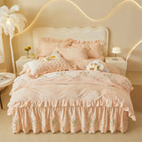 Luxury Winter Thickened Velvet Rose Flowers Embroidery Bedding Set Ruffles Duvet Cover, Quilted Bedspread, Bed Skirt, Pillowcase