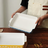 1Pc Double-Ear Ceramic Polishing Plate, Baking Pan, Household Small Eating Plate Baking Plate, Hand-Painted Relief Pattern Ceramic Plate, Suitable for Cooking, Barbecue, Cake, Dinner, Oven Safety, Kitchen Utensils, Gift Givin