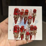10Pcs High Quality Handmade Press on Nails Red Gold New Year's Hot Selling Diamond Jewelry Luxury Flash Niche Style Spicy Girl