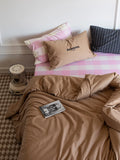 Ikeehome  Thiened Cotton Flannel Plaid Four-Piece Bedding Set Warm Stripe Pattern Student Bed eet Cover Duvet Cover Bedding