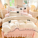 Korean Princess Style With Black Bow Lace Ruffles Pleat Milk Velvet Bedding Set Bedroom Decor Duvet Cover Bed Sheet Pillowcase