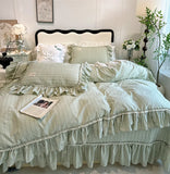 100% Cotton yarn-dyed Plaid Washed Cotton Ruffles Korean Princess Bedding Set Duvet Cover Quilted Bedspread Pillowcases 4Pcs