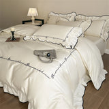 Luxury Egyptian Cotton French Princess Wedding Bedding Set Ruffles Black Edge Jacquard Duvet Cover Bed Sheet Pillowcases