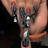 24Pcs Halloween Black Ghost Long Ballet False Nails With Heart Blood Design Halloween Press On Nails Detachable Full Cover Nails