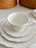 French Relief Coffee Cup Dish Set Exquisite Household Ceramic Drinking Cups With Handle White Round Plates 2Pcs Drinkware Suit