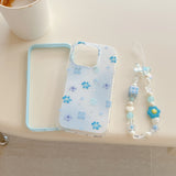 Sweet & Delicate Pastel Blue Floral Wrist Chain with 3D Flower Charms Phone Case for iPhone 16 15 14 13 Pro Max Back Cover Capa