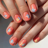 Flower Press on Nails Short Square Fake Nails with Pink Checkered Stick on Nail Cute Acrylic False Nail Spring Summer Nails