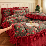 French Winter Thickened Milk Fleece 4pcs Bedding Sets Flower Warm Quilt Cover Bedspread for Women Bedroom