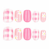 Flower Press on Nails Short Square Fake Nails with Pink Checkered Stick on Nail Cute Acrylic False Nail Spring Summer Nails
