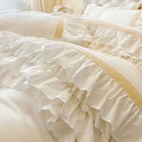 White Pink Princess Wedding Bedding Set 100% Cotton Double Layer Lace Ruffles Duvet Cover Flat/Fitted Bed Sheet Pillowcases 4Pcs
