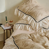 Vintage French Lace Ruffles Bedding Set Pure Cotton Wrinkled Yarn Soft Duvet Cover Set Flat/Fitted Bed Sheet Pillowcases 4Pcs