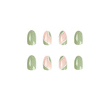 24Pcs Simple Green French False Nails Short Almond Fake Nails with Wave Line Design Wearable Round Head Press on Nail Tips