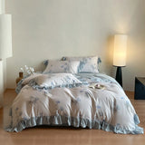 4Pcs Lyocell Soft Silky Cooling Summer Bedding Set Rose Floral Prints Ruffles Duvet Cover Set Bed Sheet/Fitted Sheet Pillowcases