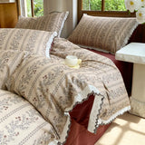100% Brushed Cotton Bedding Set French Vintage Floral Duvet Cover Black Lace Trim Soft Pure Cotton Bed Sheet Pillowcases 4Pcs