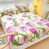 Purple Flower Bed Sheets Single/Queen/King Size Fitted Bed Sheet with Elastic Band drap de lit High Quality Mattress Cover 180