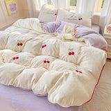 Fresh Style Cherry Bedding Set Blue Pink Milk Fleece, 3/4pcs Purple Duvet Cover Set for Adultd Kids' Bedroom Home Decoration