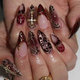 24Pcs Y2K Almond Press on Nails 3D Pink Flowers Stick on Nails Polka Dot Nail Sweet Cool Leopard Print False Nails Metal Nail