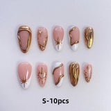 10pcs XS-S-M Size Luxury French Almond Press On Nails Metallic Gold Star Heart Wave Lines False Nails Reusable Acrylic Nail Tips