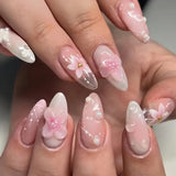 24pcs Light Pink Smudge Press on Nails Gold Leafing Nail Art Sweet 3D Floral Fake Nails Pearl Bow French False Nails Almond Nail