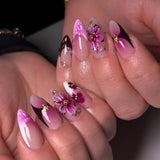 24Pcs Short Oval Pink False Nail Tips Summer Lovely Golden Flowers Retro Gradients Wearable Almond Manicure Full Cover Press Ons