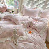 3pcs Pink Grid Bedding Set bedding set lace duvet cover and 2pcs pillowcases (no padding), suitable for bedroom